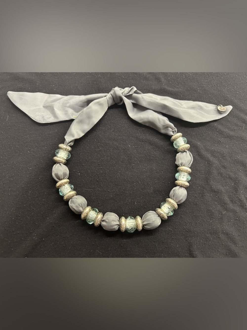 Gray Silk Ribbon Necklace with Aqua Glass and Antiqued Silver Beads